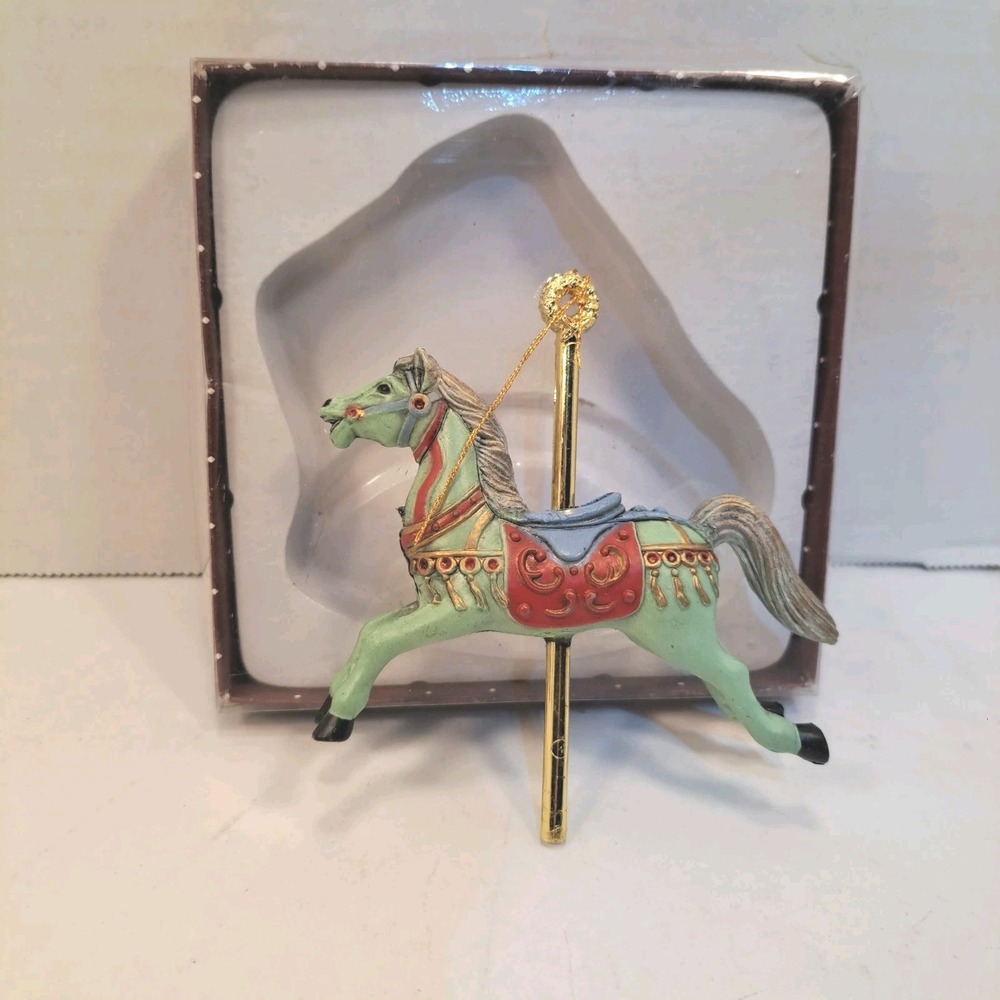 Emson Carousel Horse Christmas Hanging Ornament Green Red Gold Plastic